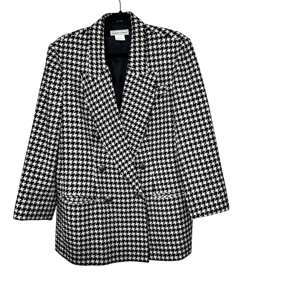 Stephanie Andrews Blazer Women 14p Black White Houndstooth Old Money Double Brst